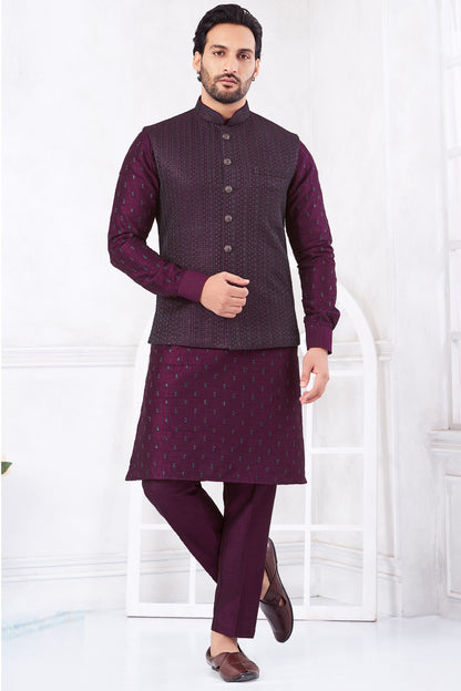 Wine Art Banarasi Silk Nehru Jacket (NMK-8997)