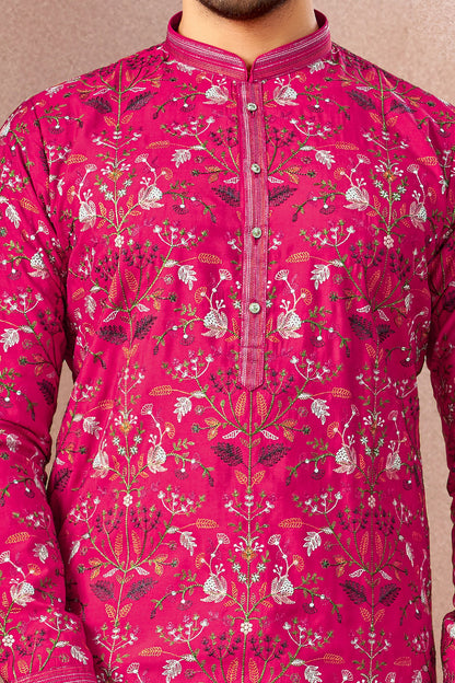 Dark Pink Art Banarasi Silk Kurta Pajama (NMK-9000)