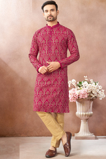 Dark Pink Art Banarasi Silk Kurta Pajama (NMK-9004)