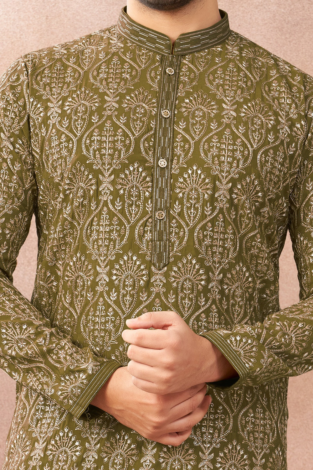 Mehendi Green Art Banarasi Silk Kurta Pajama (NMK-9005)
