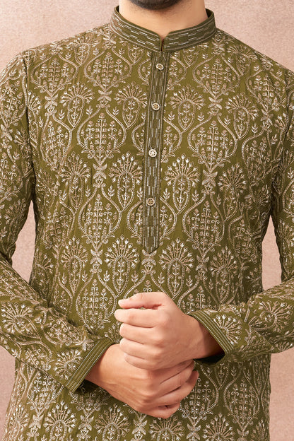 Mehendi Green Art Banarasi Silk Kurta Pajama (NMK-9005)