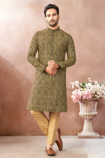 Mehendi Green Art Banarasi Silk Kurta Pajama (NMK-9005)
