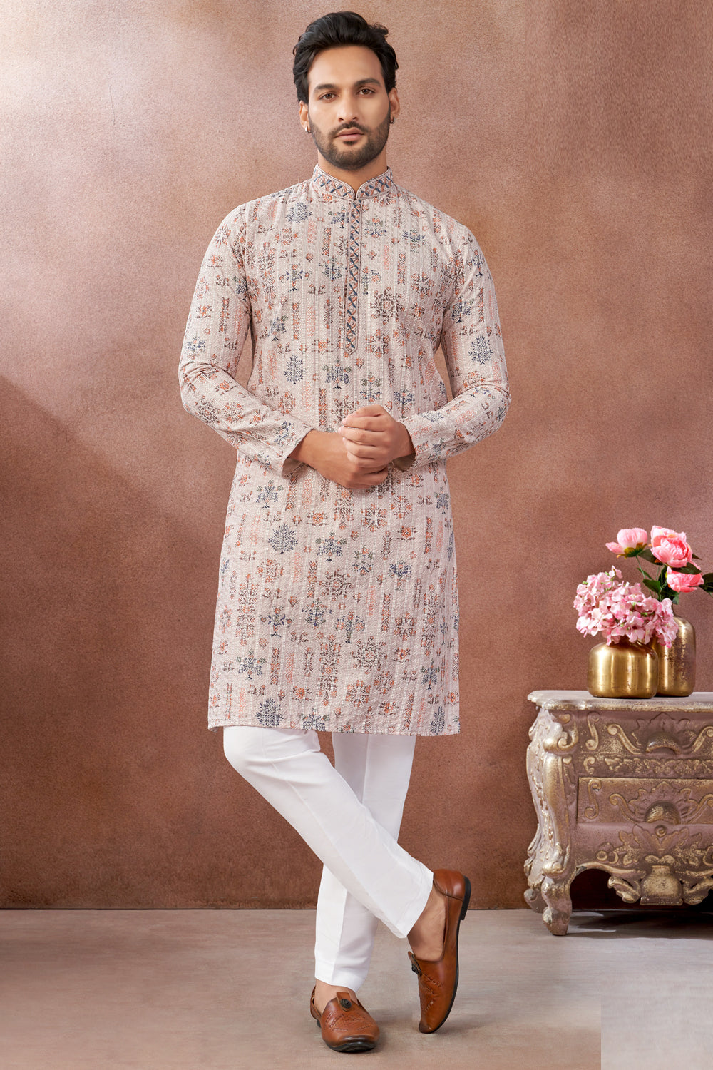 Peach Art Banarasi Silk Mens Kurta Pajama (NMK-9015)