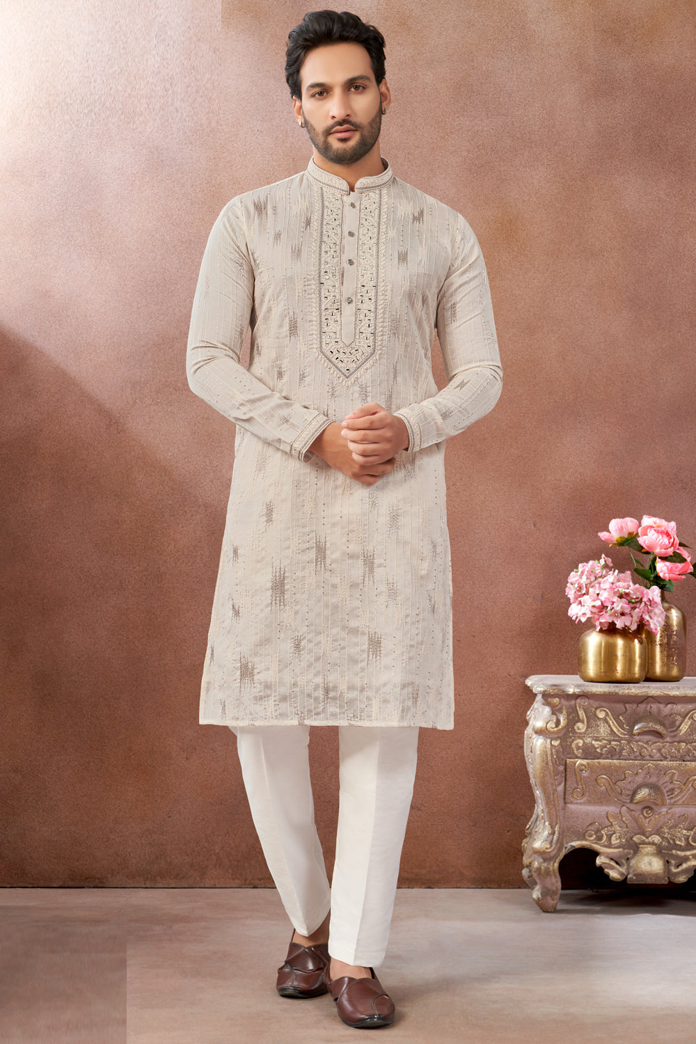 Cream Chanderi Kurta Pajama (NMK-9017)