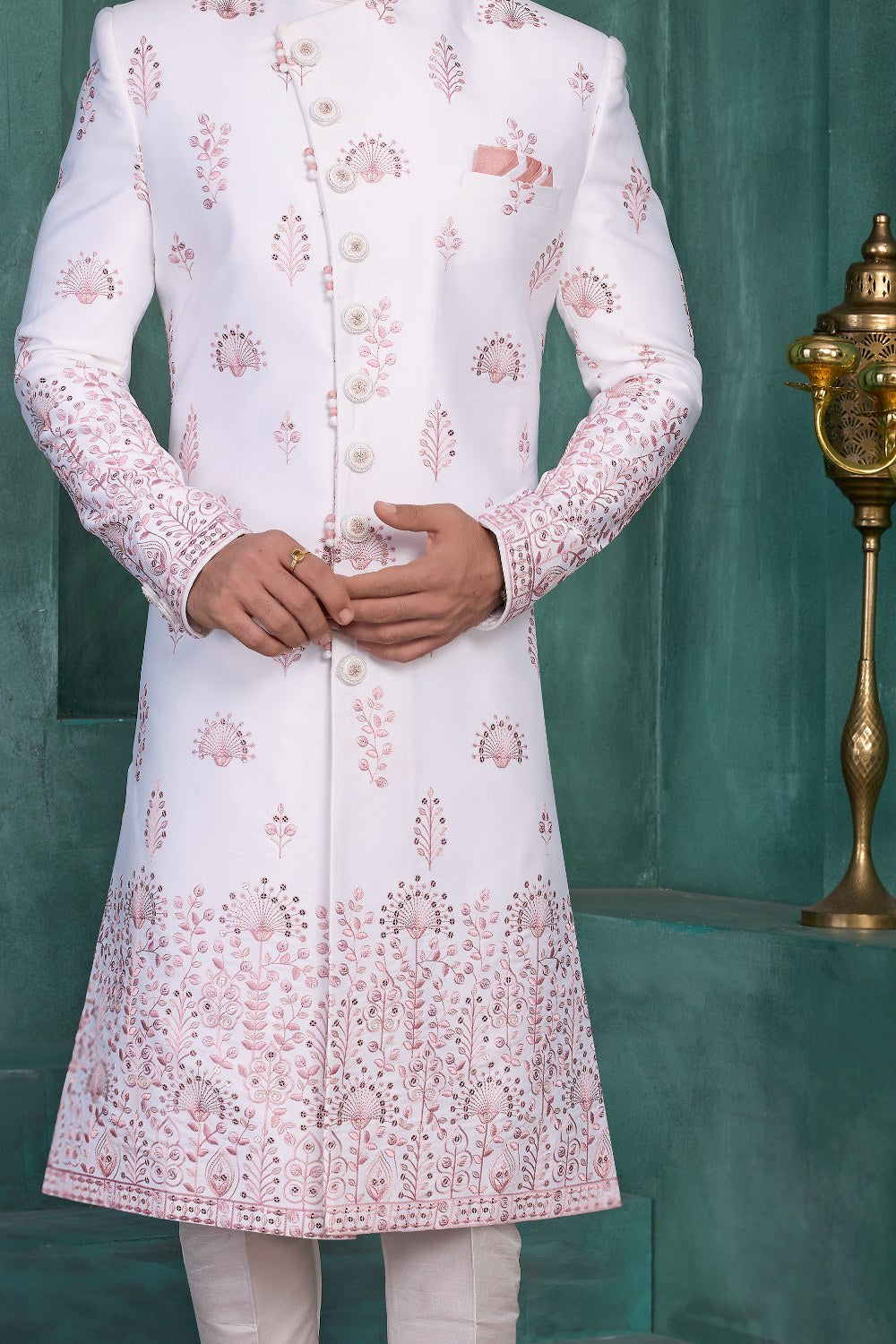 Off White Art Silk Embroidered Sherwani (NMK-9033)