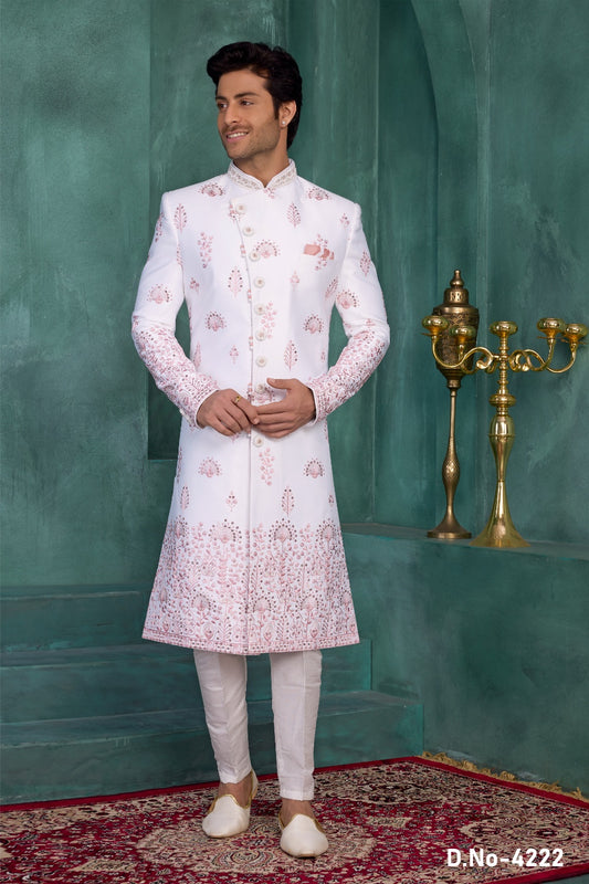 Off White Art Silk Embroidered Sherwani (NMK-9033)