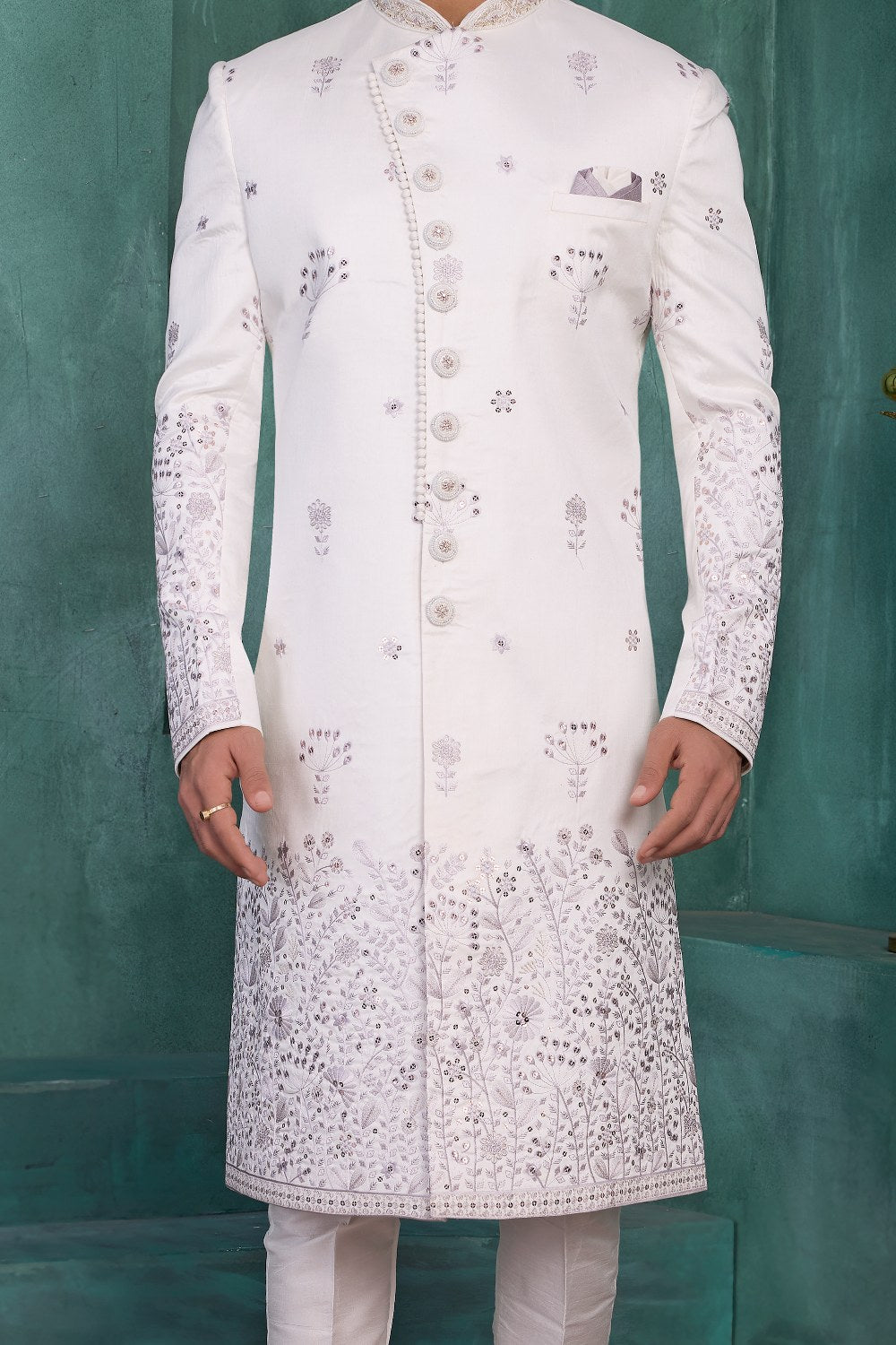 Off White Art Silk Wedding Sherwani (NMK-9034)