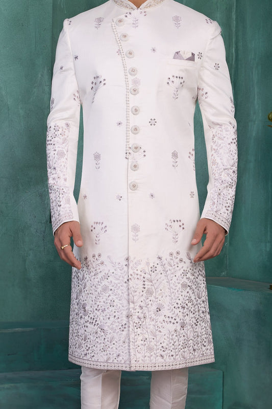 Off White Art Silk Wedding Sherwani (NMK-9034)
