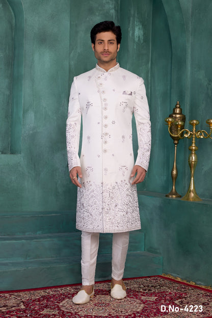 Off White Art Silk Wedding Sherwani (NMK-9034)