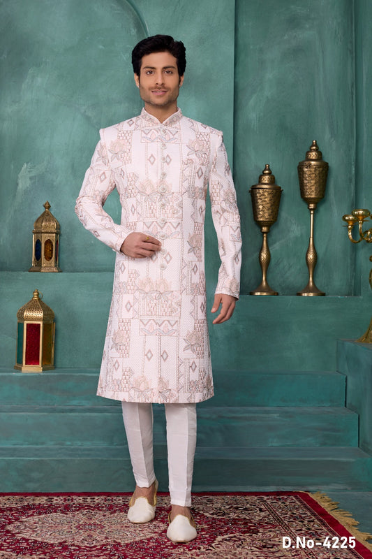 Off White Art Silk Indian Sherwani (NMK-9036)