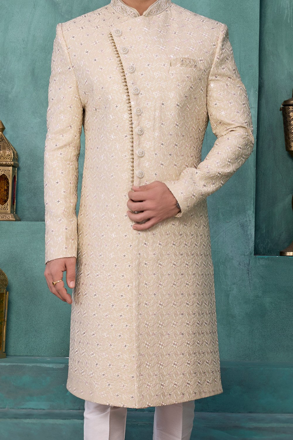 Cream Art Silk Mens Sherwani (NMK-9038)