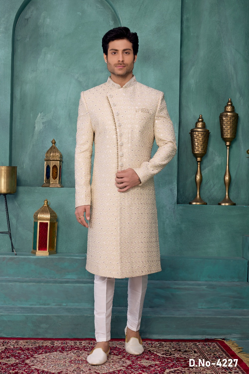 Cream Art Silk Mens Sherwani (NMK-9038)