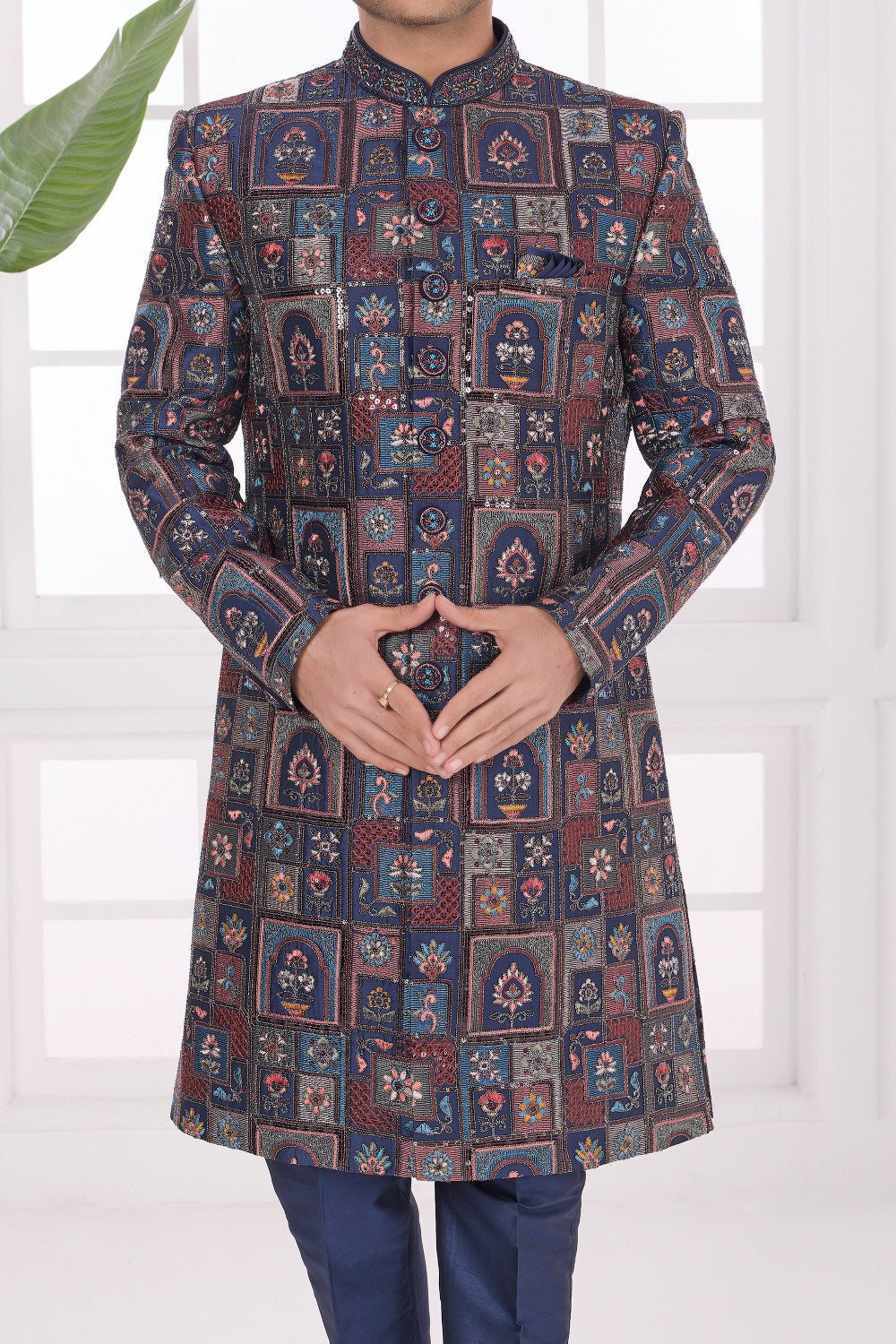 Navy Blue Art Silk Sherwani (NMK-9046)