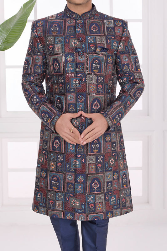 Navy Blue Art Silk Sherwani (NMK-9046)