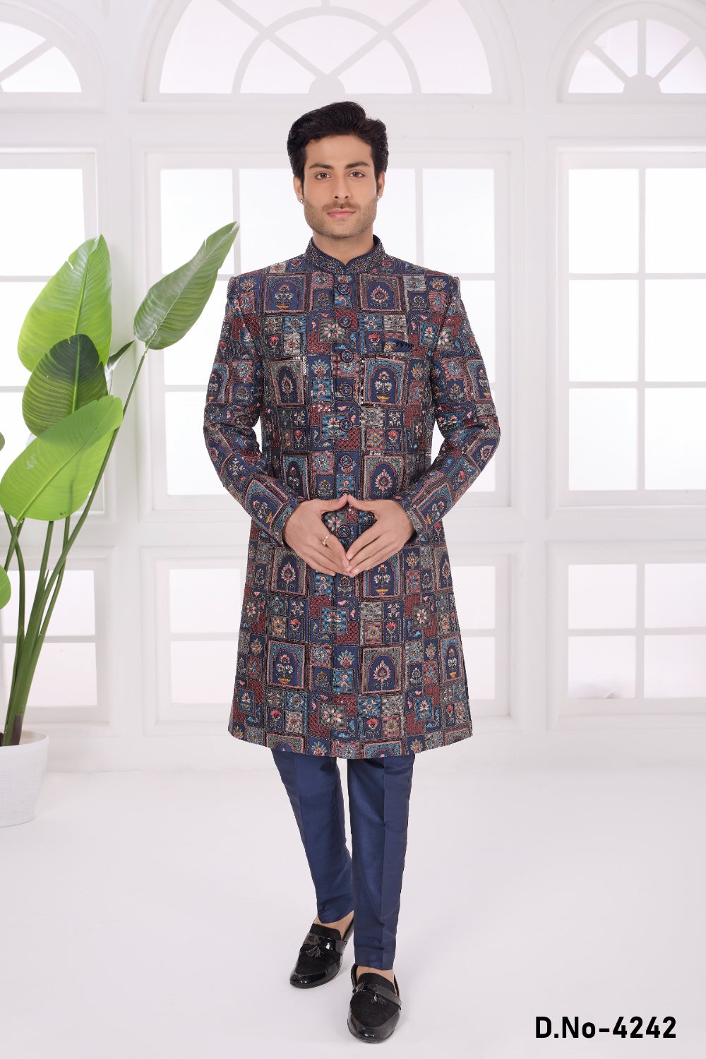 Navy Blue Art Silk Sherwani (NMK-9046)
