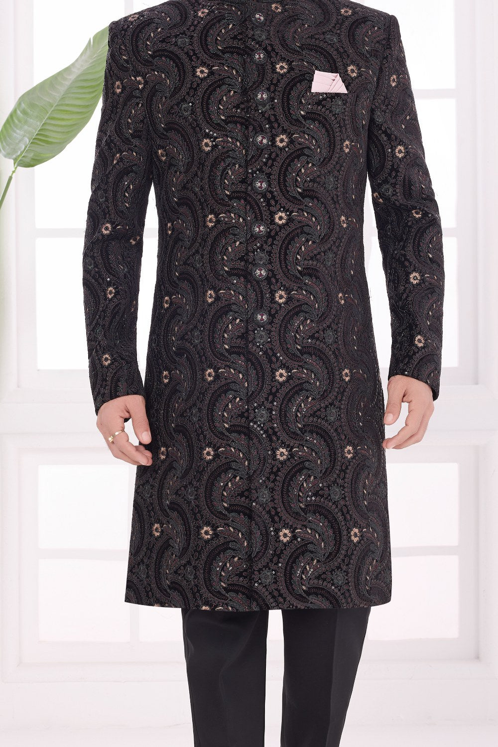 Black Art Silk Sherwani (NMK-9047)