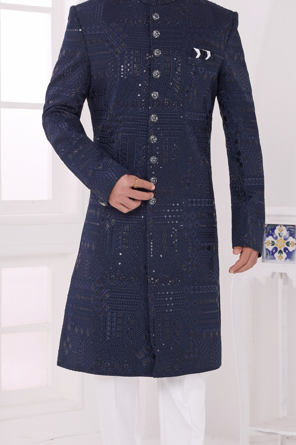 Navy Blue Art Silk Mens Sherwani (NMK-9048)