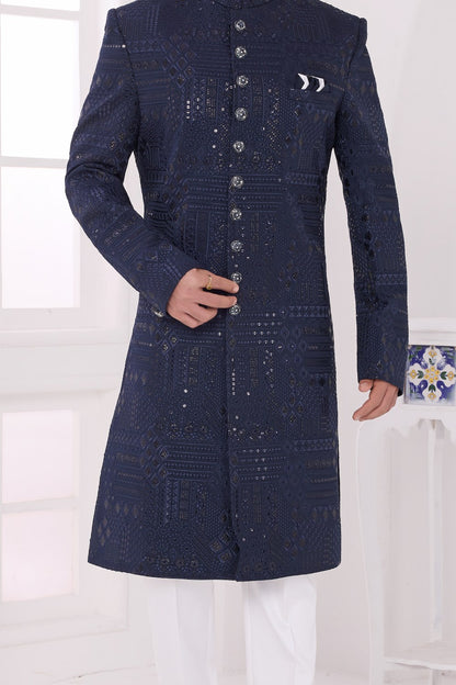 Navy Blue Art Silk Mens Sherwani (NMK-9048)