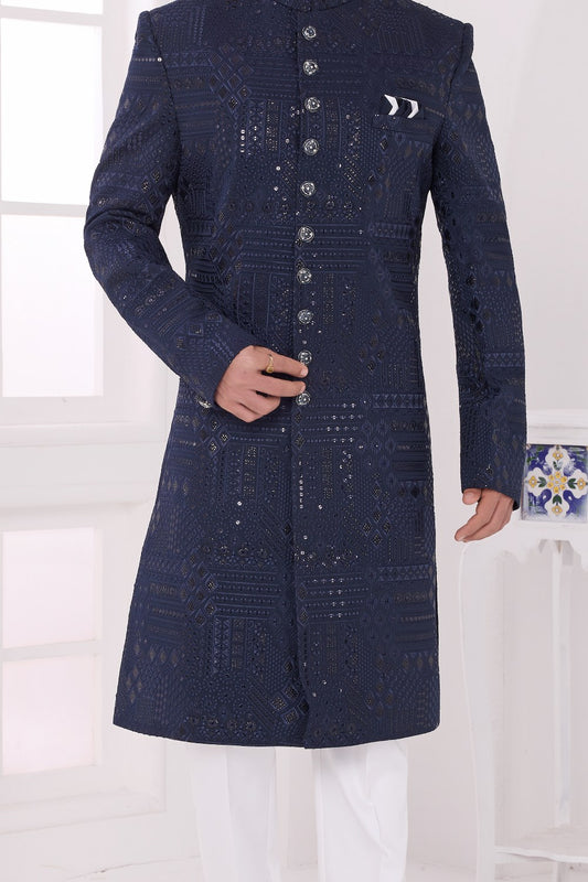 Navy Blue Art Silk Mens Sherwani (NMK-9048)