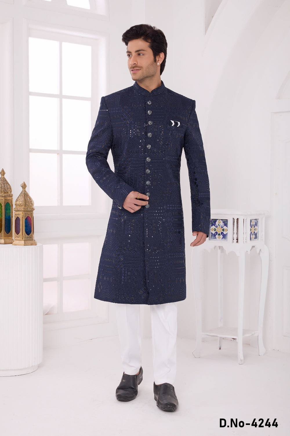 Navy Blue Art Silk Mens Sherwani (NMK-9048)