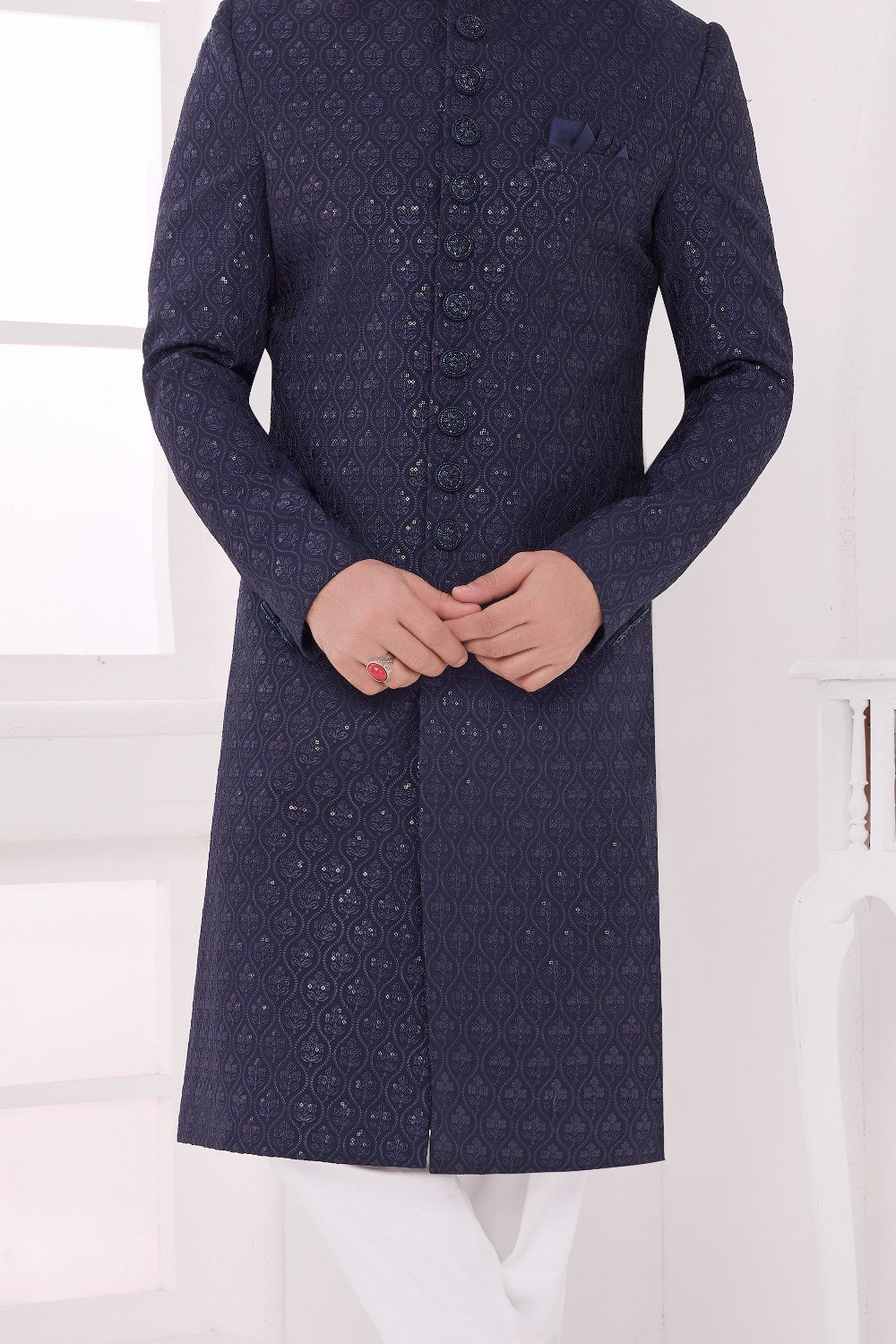Navy Blue Art Silk Embroidered Sherwani (NMK-9051)