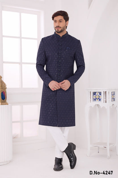 Navy Blue Art Silk Embroidered Sherwani (NMK-9051)