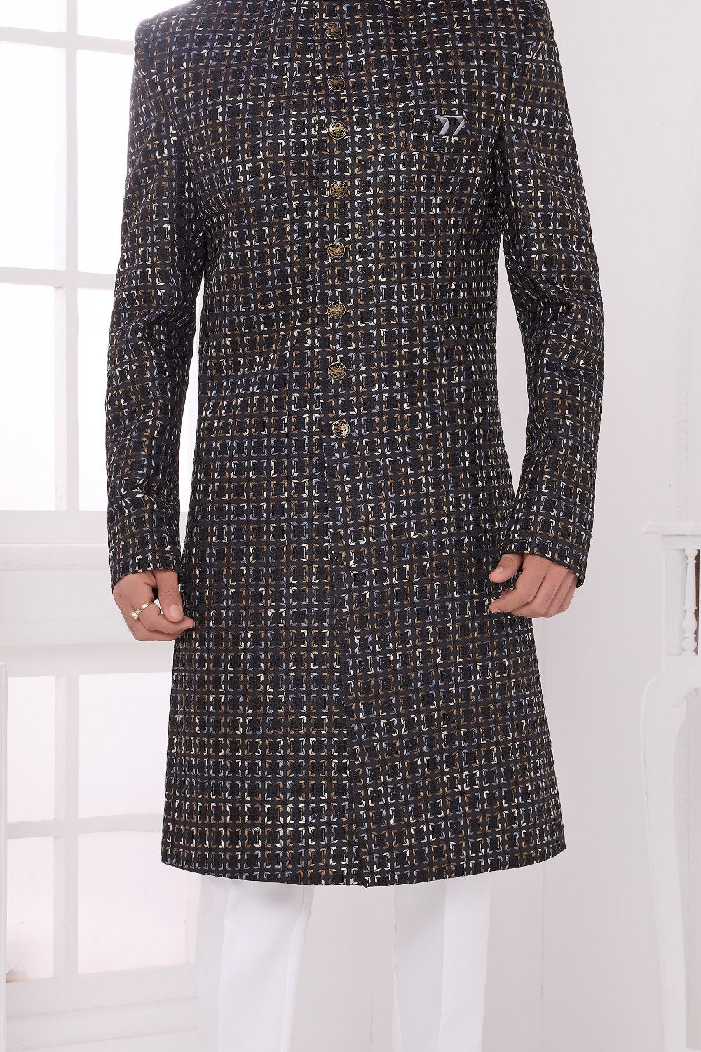 Black Art Silk Mens Sherwani (NMK-9052)
