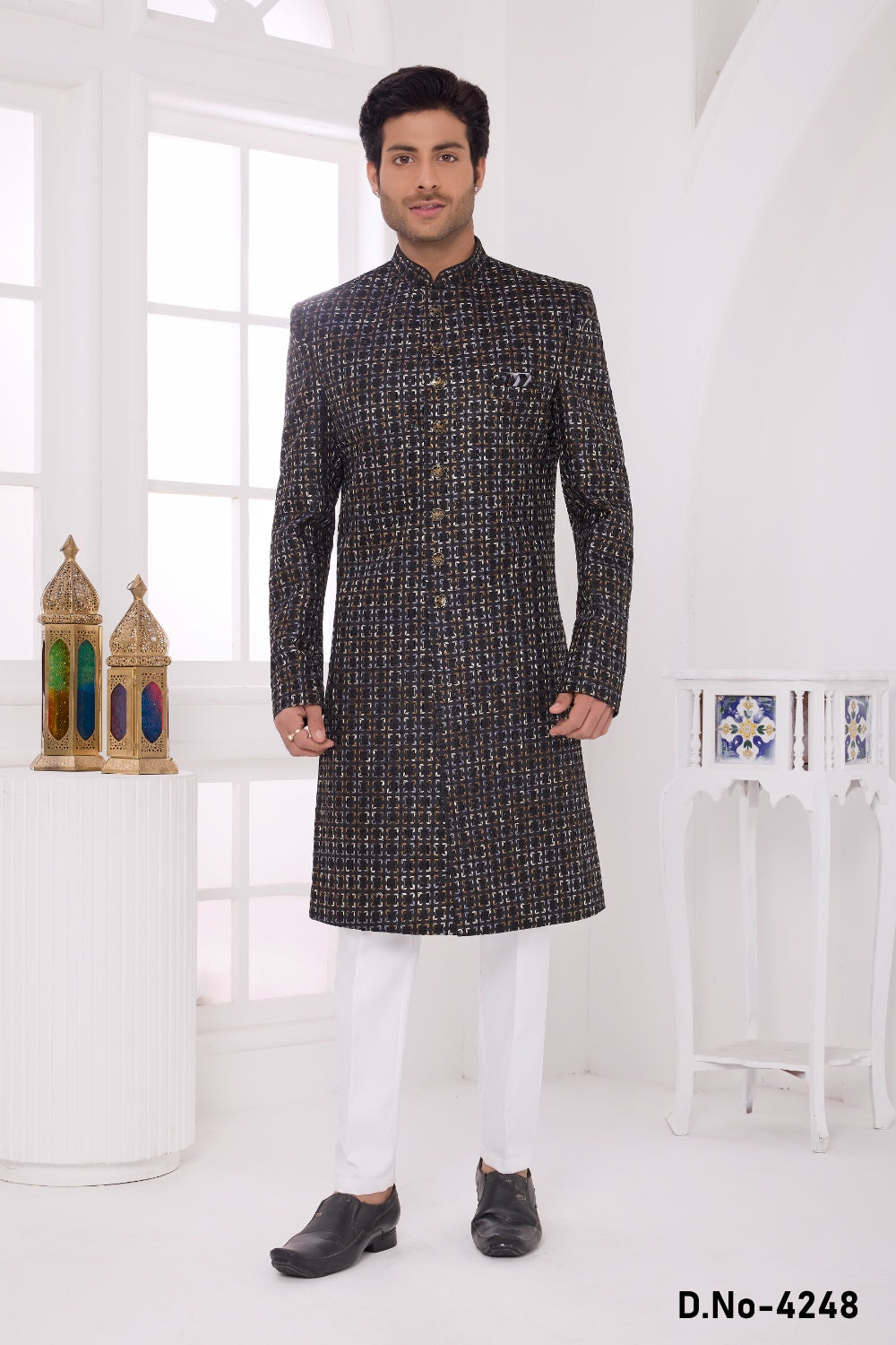 Black Art Silk Mens Sherwani (NMK-9052)