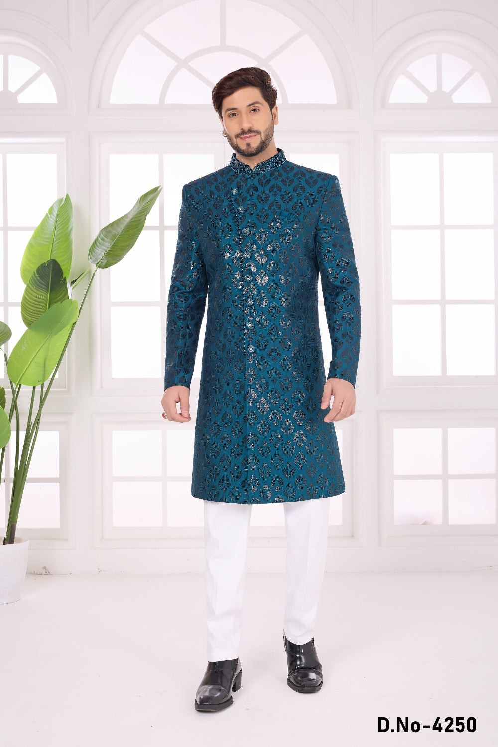 Teal Green Art Silk Mens Sherwani (NMK-9054)