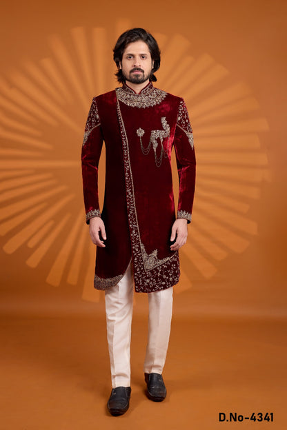 Maroon Velvet Sherwani (NMK-9070)