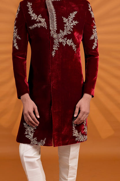 Maroon Velvet Mens Sherwani (NMK-9071)