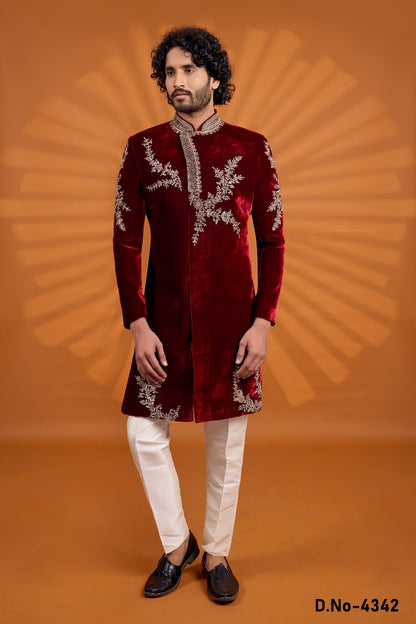 Maroon Velvet Mens Sherwani (NMK-9071)