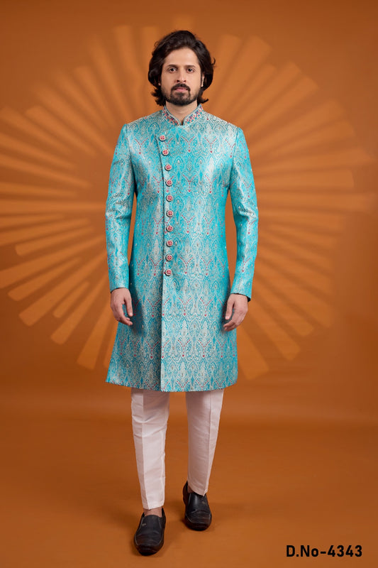 Blue Banarasi Jaquard Sherwani (NMK-9072)