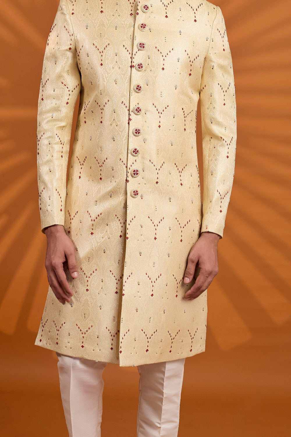 Gold Banarasi Jaquard Sherwani (NMK-9073)