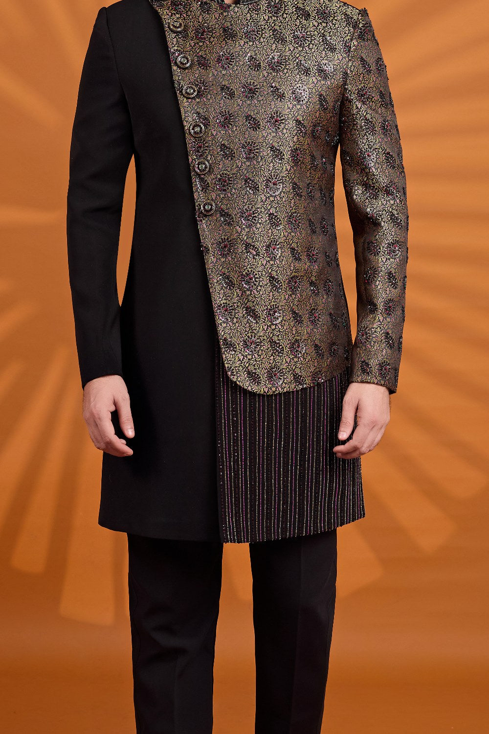 Black Banarasi Jaquard Indo Western (NMK-9074)