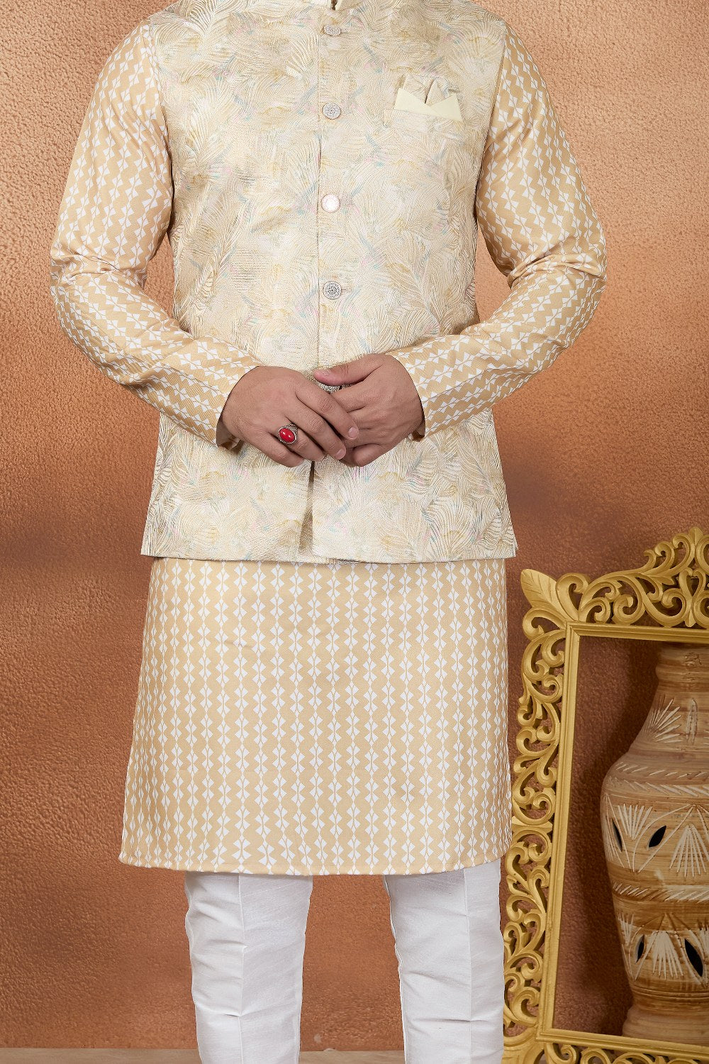 Gold Jaquard Nehru Jacket (NMK-9083)
