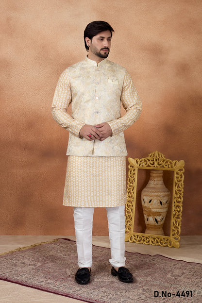 Gold Jaquard Nehru Jacket (NMK-9083)