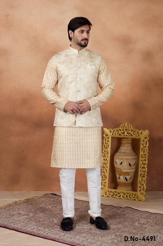 Gold Jaquard Nehru Jacket (NMK-9083)