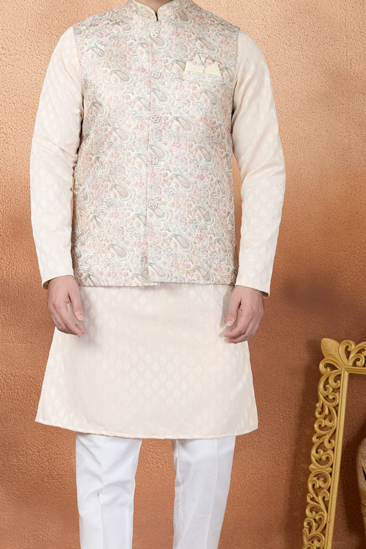 Beige Jaquard Nehru Jacket (NMK-9086)