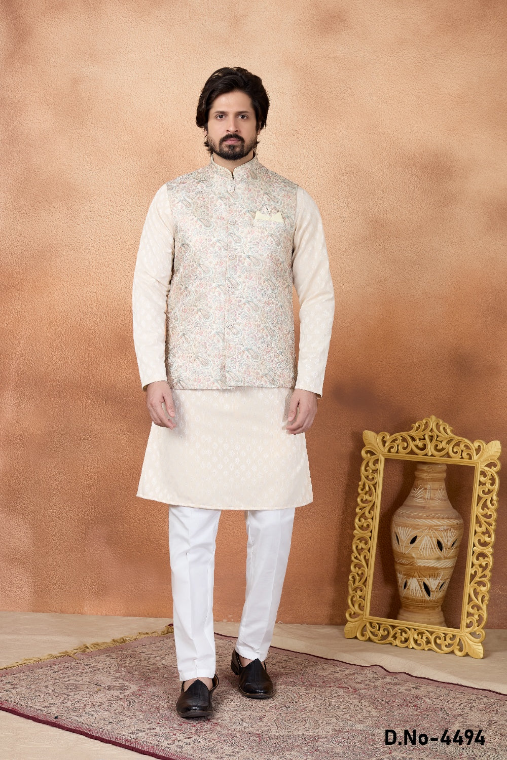 Beige Jaquard Nehru Jacket (NMK-9086)
