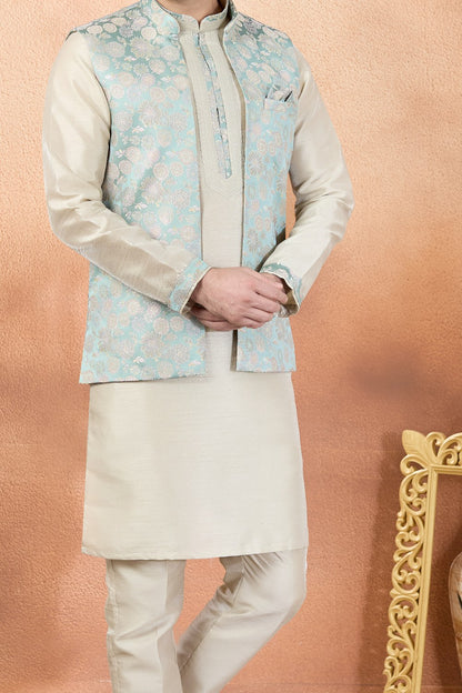 Beige Jaquard Nehru Jacket (NMK-9144)