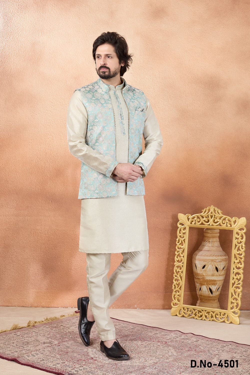 Beige Jaquard Nehru Jacket (NMK-9144)