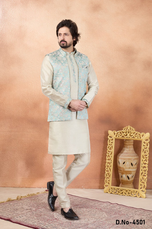 Beige Jaquard Nehru Jacket (NMK-9144)
