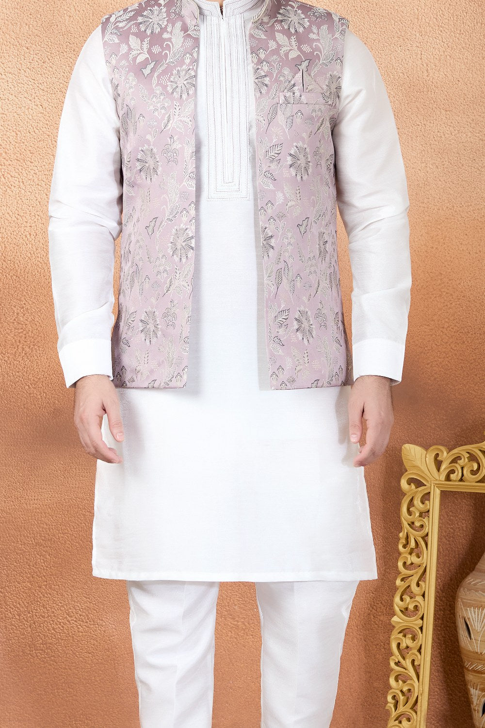 Cream Jaquard Nehru Jacket (NMK-9147)
