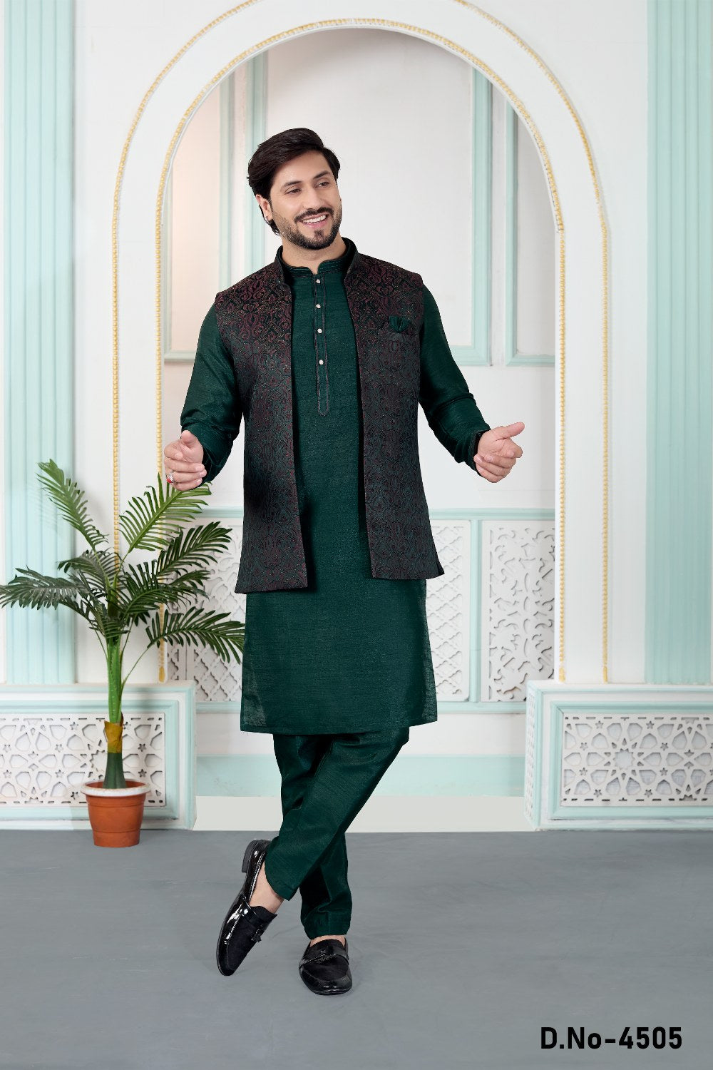 Green Jaquard Nehru Jacket (NMK-9148)