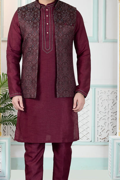 Wine Jaquard Nehru Jacket (NMK-9149)