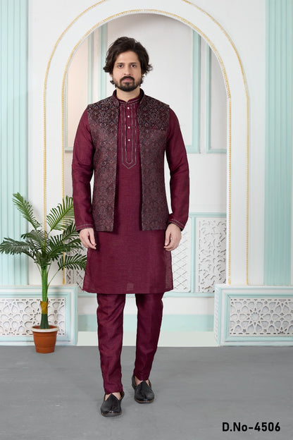 Wine Jaquard Nehru Jacket (NMK-9149)