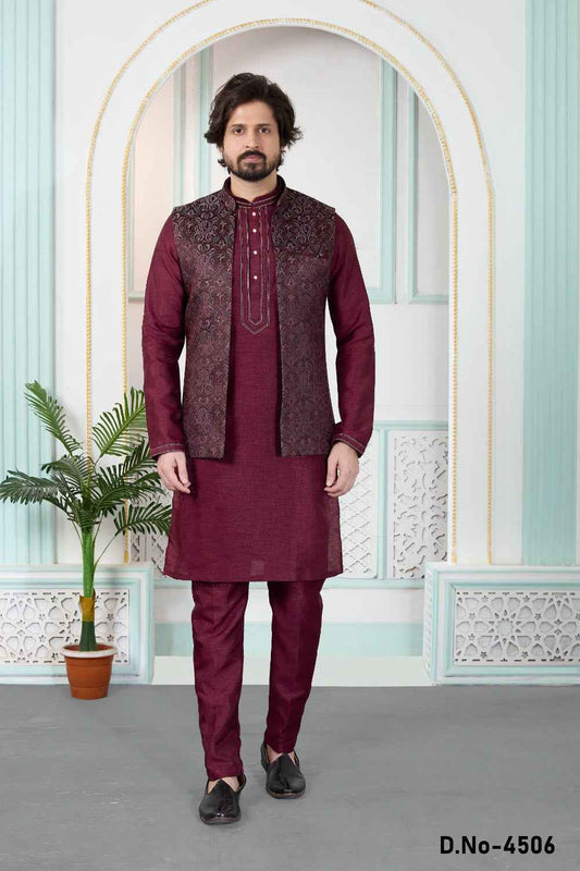 Wine Jaquard Nehru Jacket (NMK-9149)