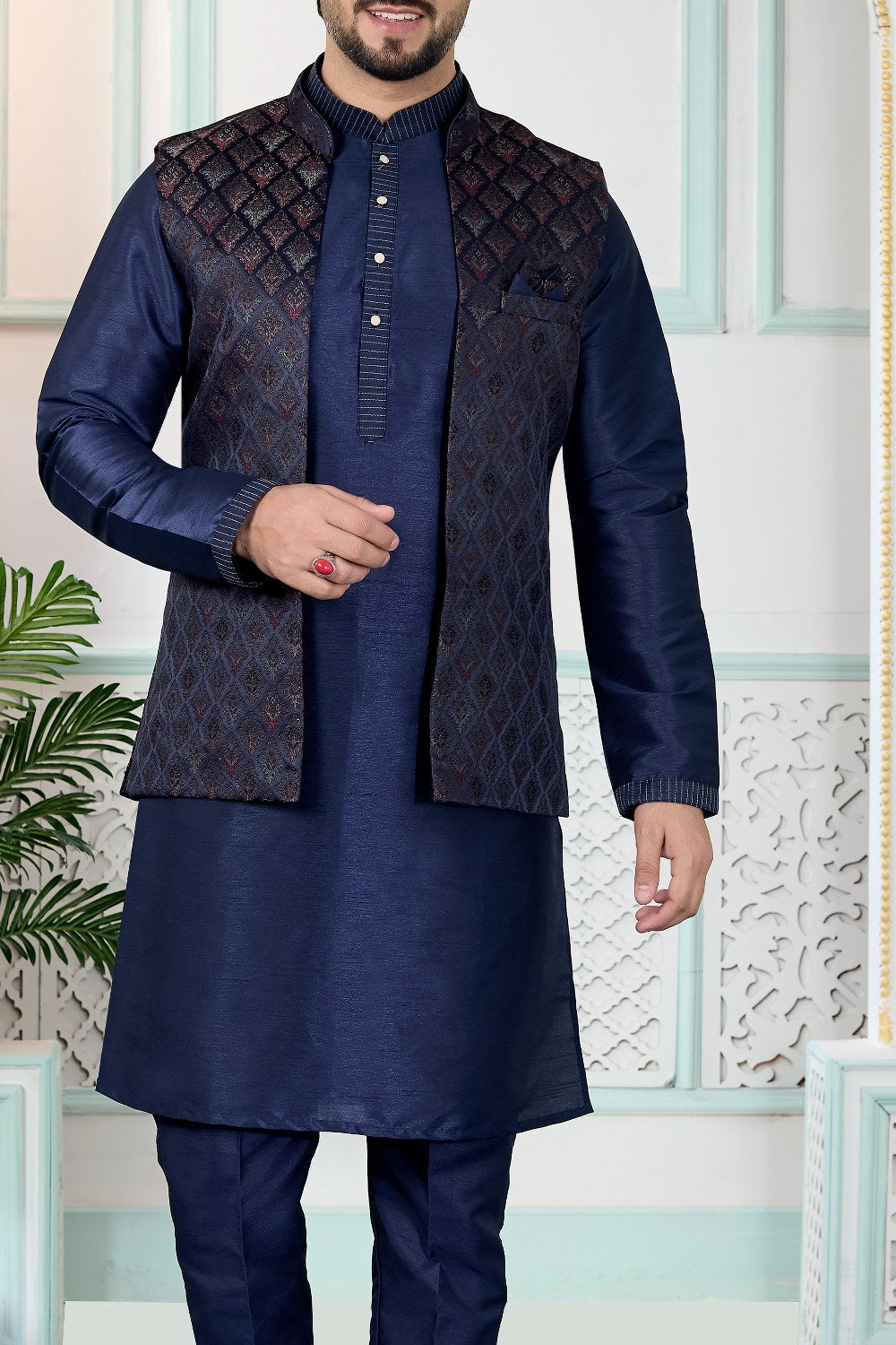 Blue Jaquard Nehru Jacket (NMK-9150)