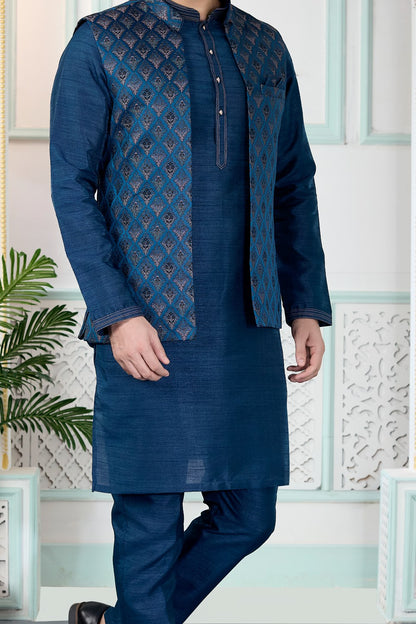 Blue Jaquard Mens Nehru Jacket (NMK-9151)